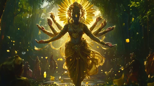 Sunlit forest deity unfolds in a whirlwind of golden arms