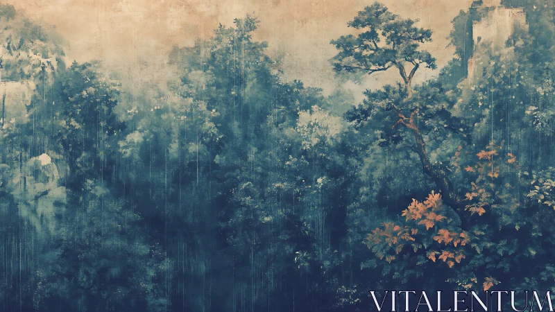 Misty Forest Canopy with Towering Pines and Autumn Accent.