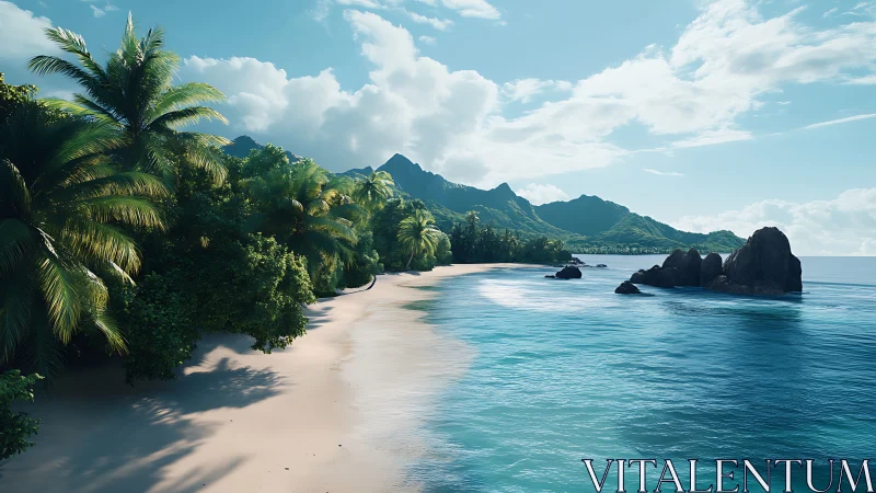 Tropical Island Coastline with Mountain Backdrop and Crystalline Water Rendering