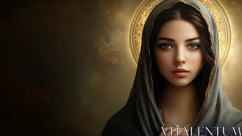 Sacred veiled woman framed by radiant golden halo