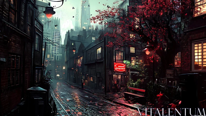 Neon alleyway beneath crimson tree in rainy cyber city.