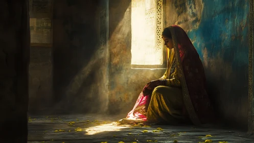 Woman in Traditional Attire Sitting in Sunlit Room, Artistic Mood.