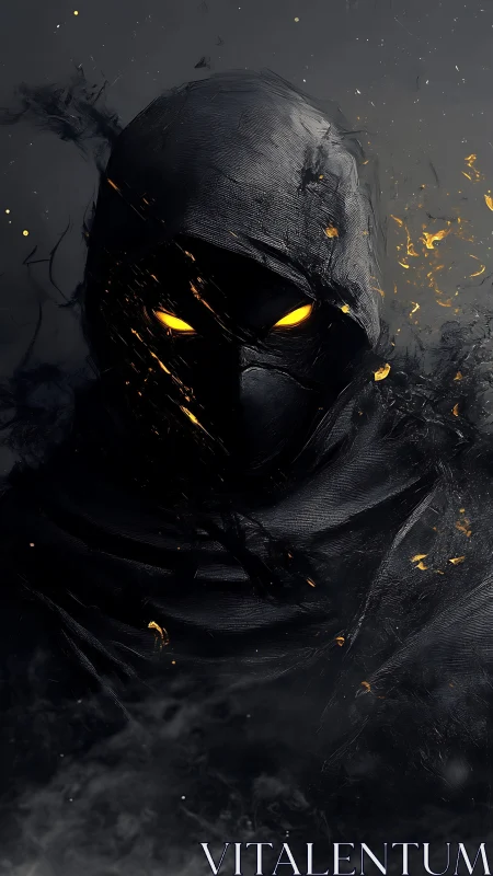 Hooded wraith with molten ember eyes emerges from shadows