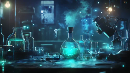 Glowing chemical flask emits blue vapor in dim laboratory