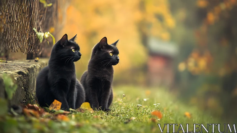 Dual Feline Subjects in Autumn Landscape Environment.