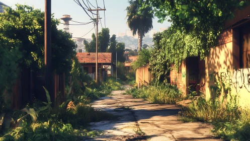 Sunlit overgrown alleyway in quiet urban outskirts.