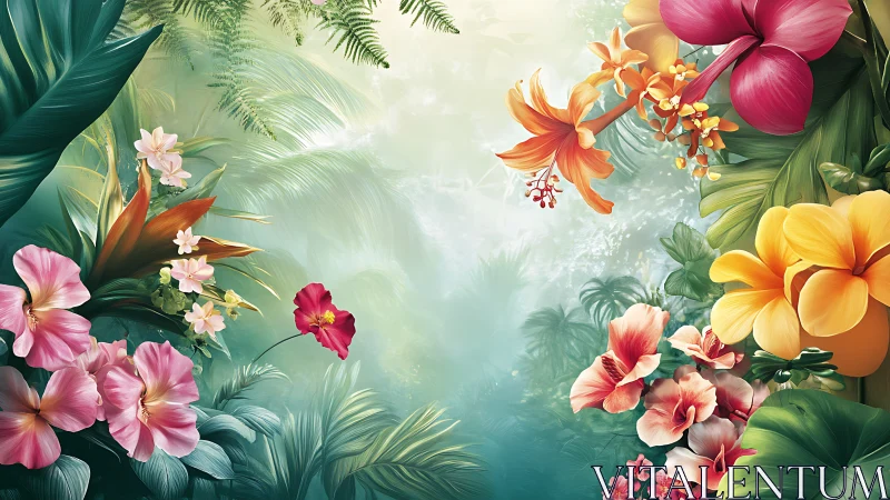 Tropical Garden Floral Artwork with Vibrant Blooms