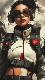 Futuristic tactical female figure in headset and gear.