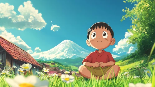 Child in alpine meadow under stratocumulus-lit volcanic summit.