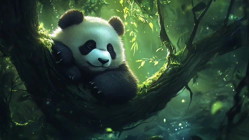 Playful panda cub dreams quietly in a glowing forest canopy