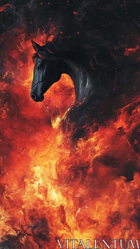 Midnight fire-steed emerges, sculpted from swirling blaze