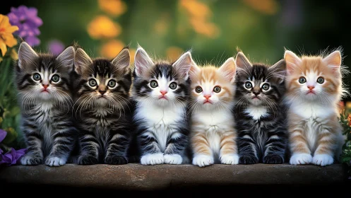 Six fluffy kittens in a row sit against blooming garden background.