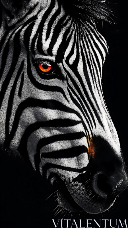 Zebra portrait shows intense orange eye against dark void