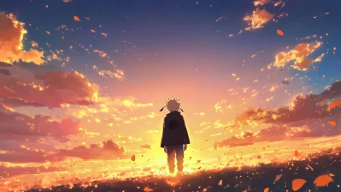 Solitary ninja silhouette under blazing anime sunset sky.