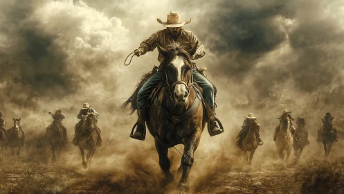 Cowboy posse charges forward through cinematic desert dust storm
