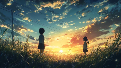 Backlit silhouettes view stratified sunset sky over rural field