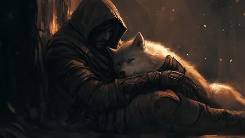 Hooded ranger embracing white wolf in emberlit forest night.