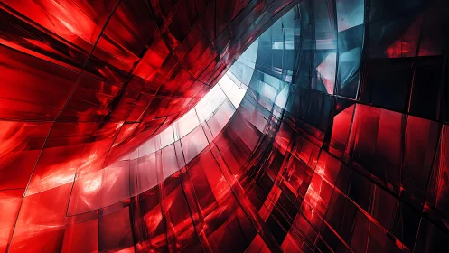 Abstract red and blue glass tunnel digital art with dynamic curves.