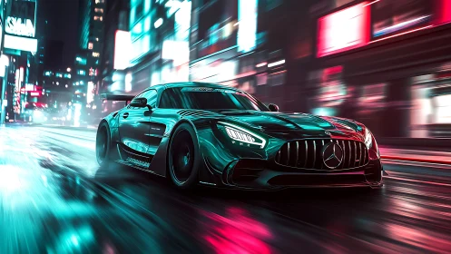 Midnight teal supercar racing through neon city streets.