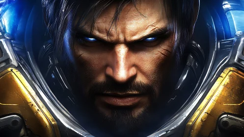 Cyberpunk marine portrait with luminous visor core focus.