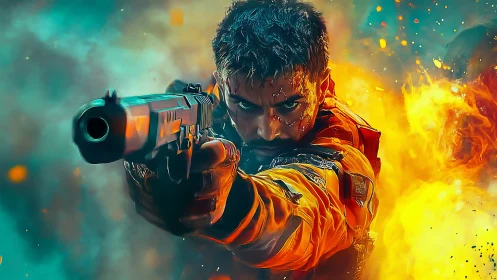 Battle-scarred soldier aims pistol amid blazing firestorm