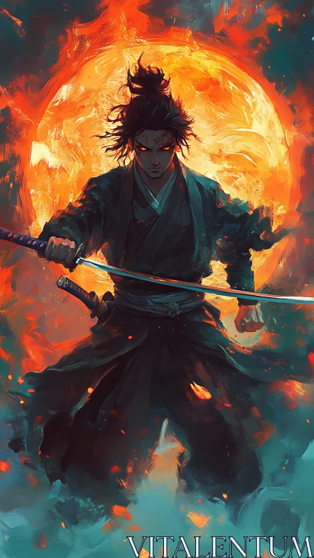 Demonic samurai framed by incandescent sun in dynamic digital painting