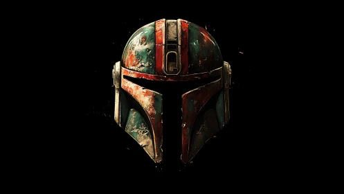 Battle-scarred sci-fi helmet glows against deep black void