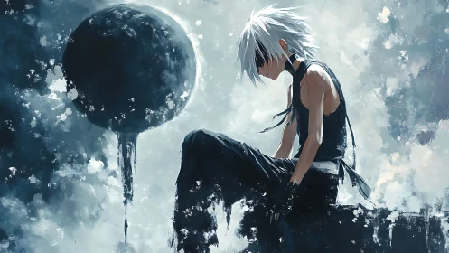 Atmospheric anime portrait with solitary figure in monochrome space.