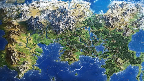 High-detail fantasy continental map with coasts, rivers, ranges.