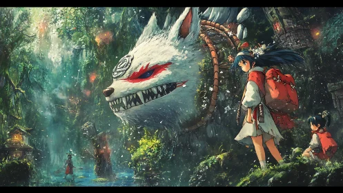 Giant spirit wolf with red markings confronts travelers in dense forest