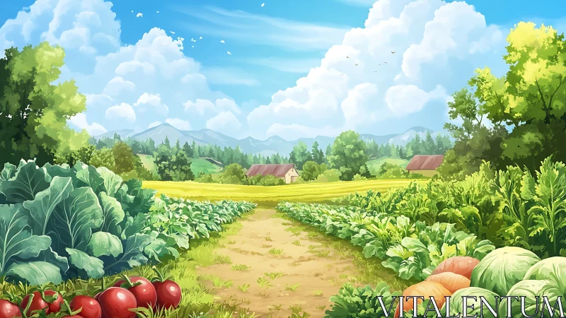 Sunny country garden path lined with vibrant summer vegetables.
