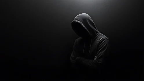Hooded figure stands in dramatic shadowy light and silence
