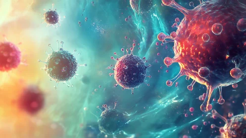 Cosmic viral orbs drift through a neon-tinted microverse.