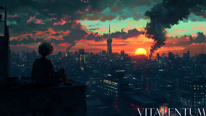 Silhouetted figure observes dense city skyline at vivid sunset