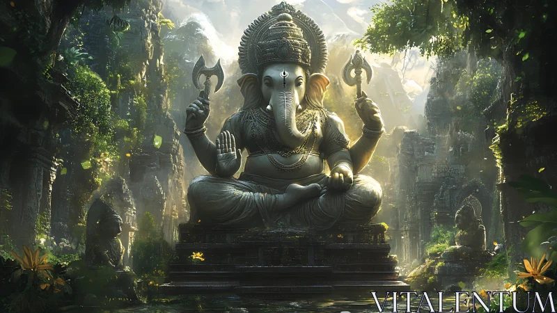 Serene Ganesha statue presides over a misty jungle temple courtyard