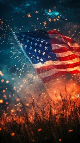 US flag waves over fireworks-lit field under deep night sky