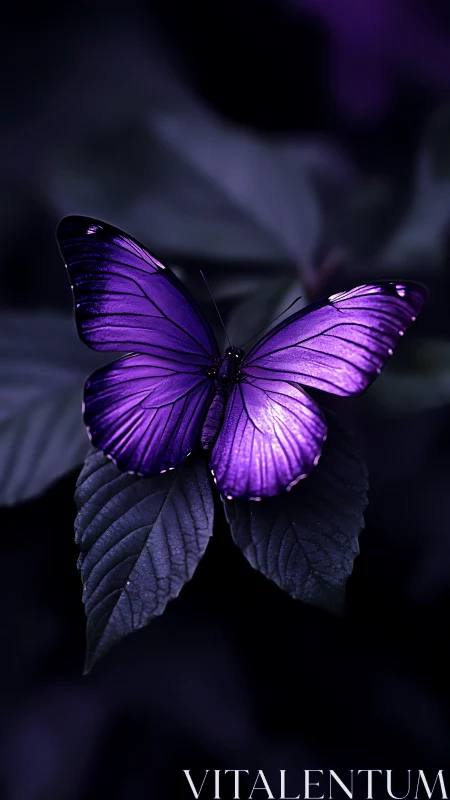 Purple butterfly rests on dark leaves under soft light