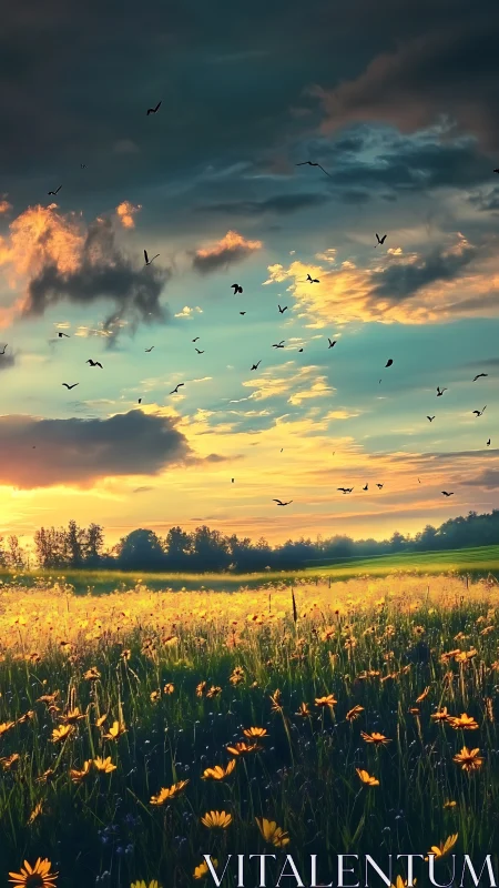 Sunlit wildflower meadow under birdswept, painted evening sky.