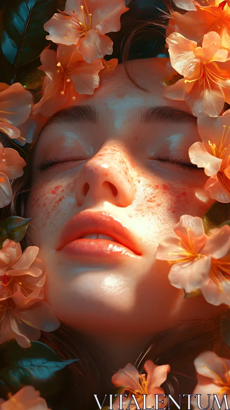 Hyperreal floral portrait of freckled face in warm rim light