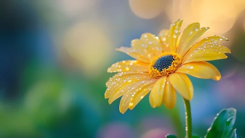 Yellow daisy specimen with water droplets on petals and center.