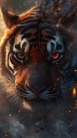Inferno-eyed tiger emerges from cinders and shadowed smoke.