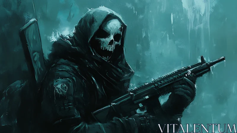 Skull-hooded phantom commando stalks the teal war fog.