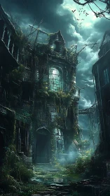 Haunted ivy-covered ruins under stormy night sky.