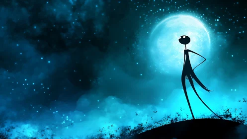Silhouetted stick figure against luminous blue full moon.