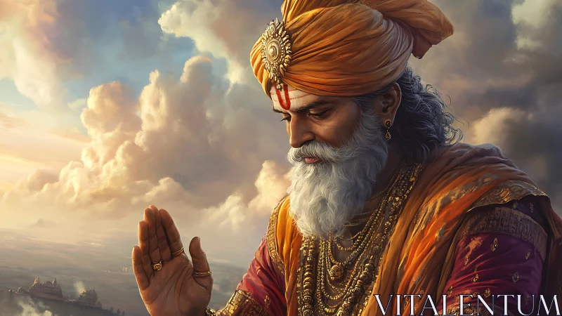 Regal ascetic elder in saffron robes under luminous sky.