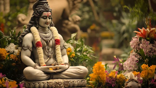 Marble Shiva statue sits in meditation amid vivid temple flowers