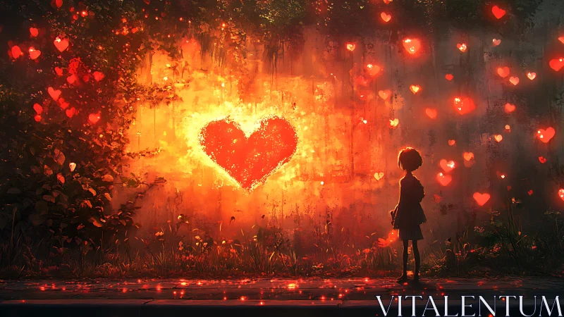 Silhouette Standing Before Glowing Heart Wall.
