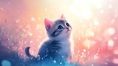 Digitally rendered kitten with iridescent coat displaying luminous bokeh and atmospheric luminance g
