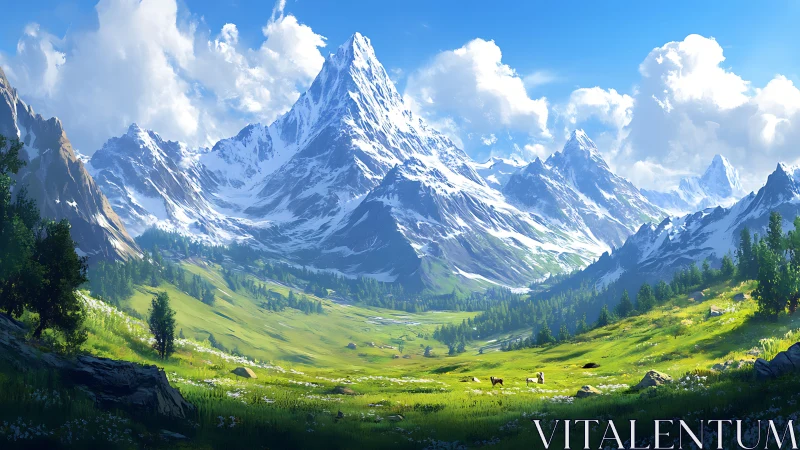 Sunlit alpine valley under towering snow-capped peaks.