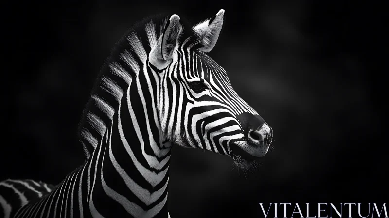 Zebra profile in high contrast black and white portrait.